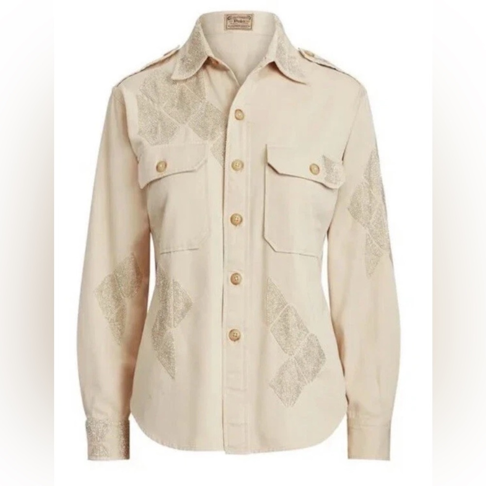 Polo Ralph Lauren Beaded Twill Button Down Shirt Size L cream